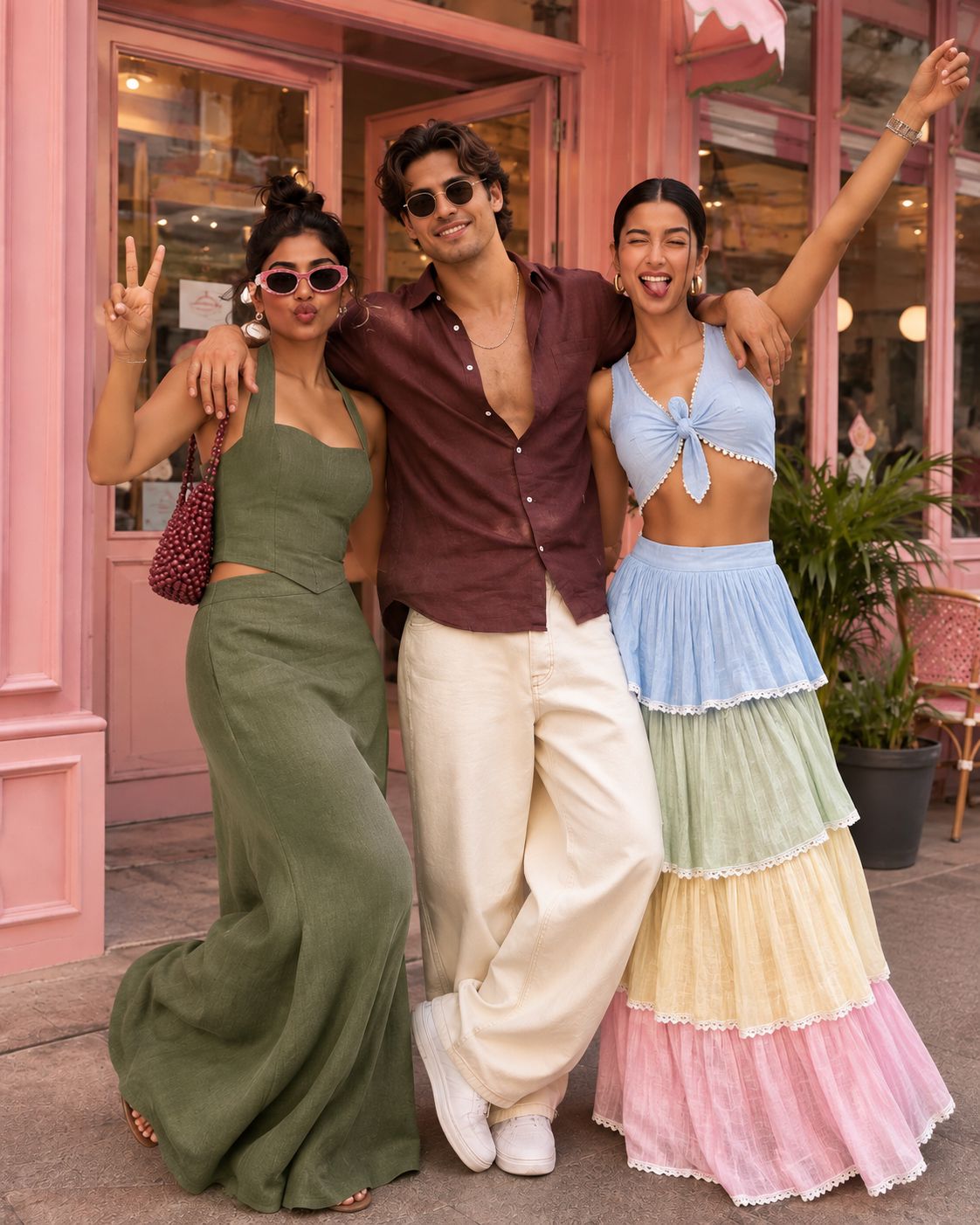 Three friends posing together in bright summer outfits.